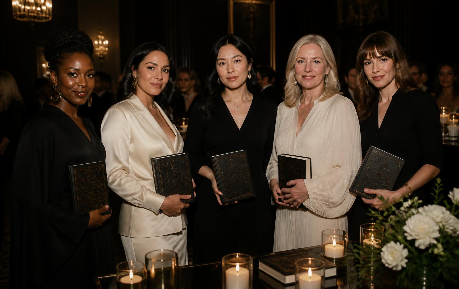 Women in elegant attire holding hardcover books at a refined publishing event